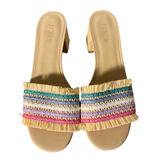 J.Crew Shoes - J.Crew Womens Rainbow Striped Raffia Fringe Block Heel Sandals Mules Tan Size 9